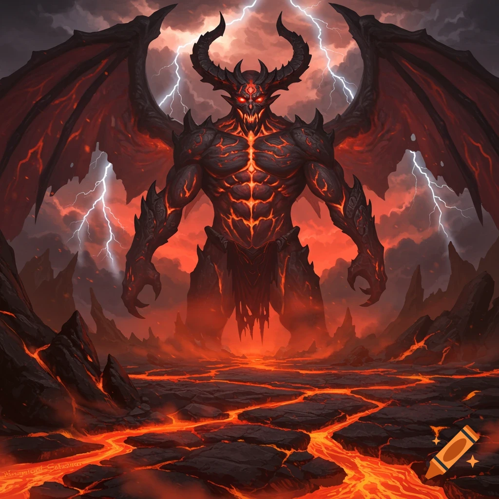 A powerful, horned demon with large wings and glowing red eyes stands in a fiery, lava-filled landscape with lightning striking a dark sky.