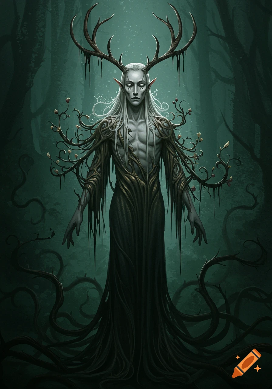 A tall, pale, emaciated elf-like man with large antlers and long white hair stands in a dark forest. Vines wrap around his body, and his eyes are hollow.