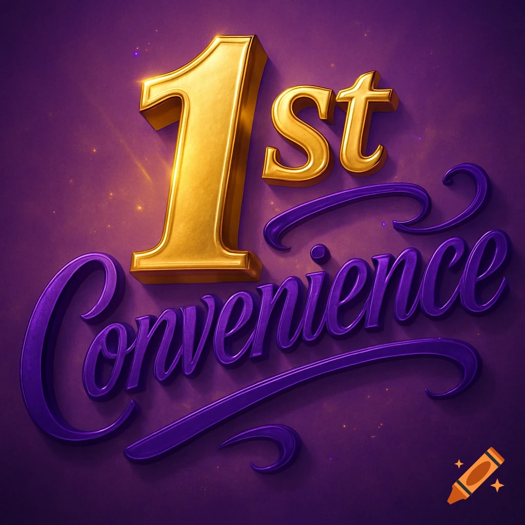 Stylized 3D rendering of '1st' in gold and 'Convenience' in purple script on a dark purple background.