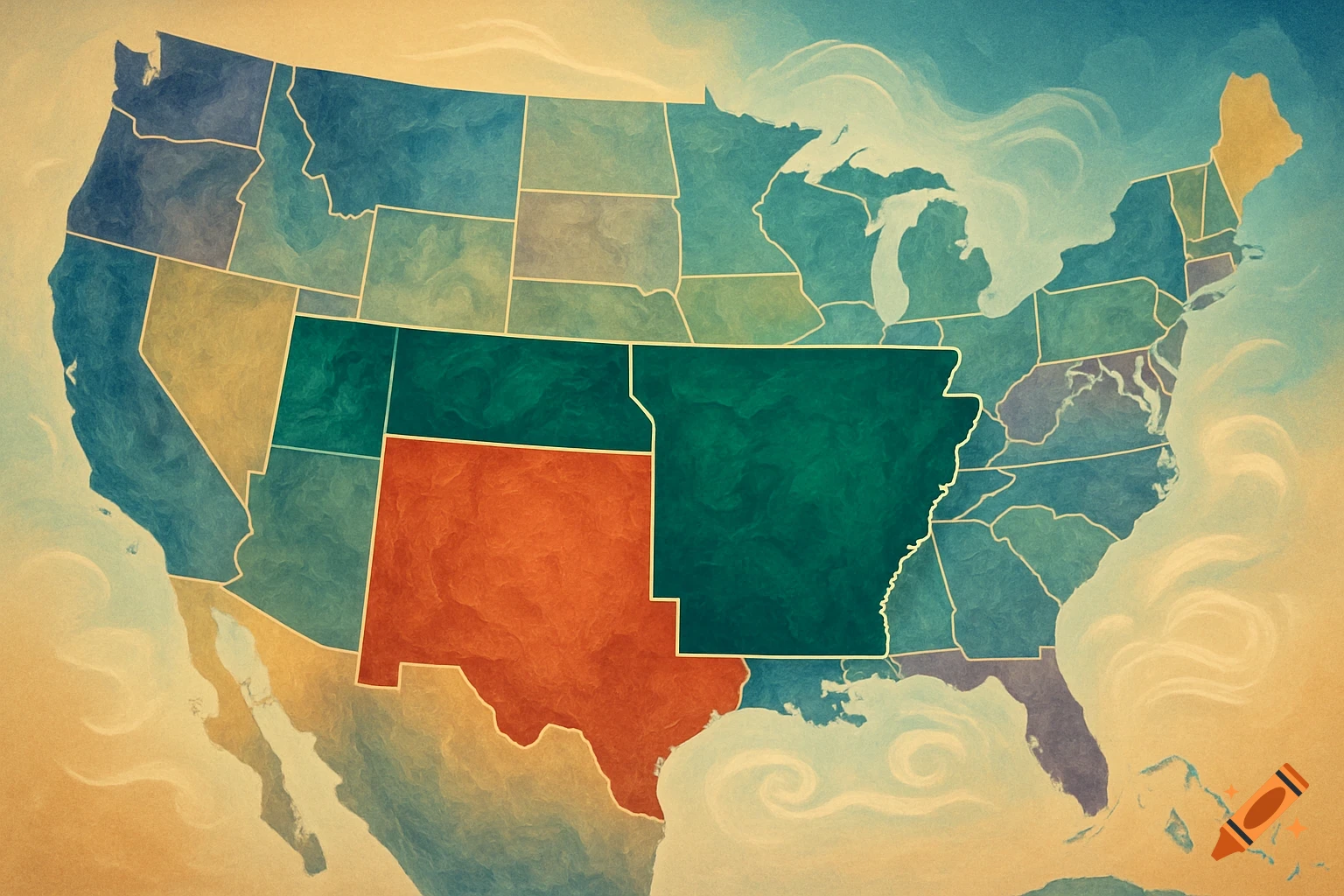 An illustrative map of the United States with Arkansas colored dark green next to New Mexico, colored red.