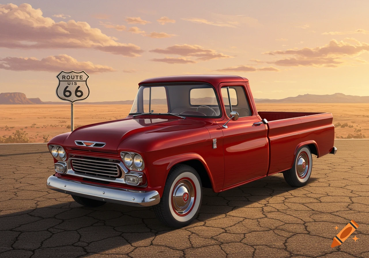 A bright red classic pickup truck parked on a cracked desert road with a Route 66 sign under a sunset sky.