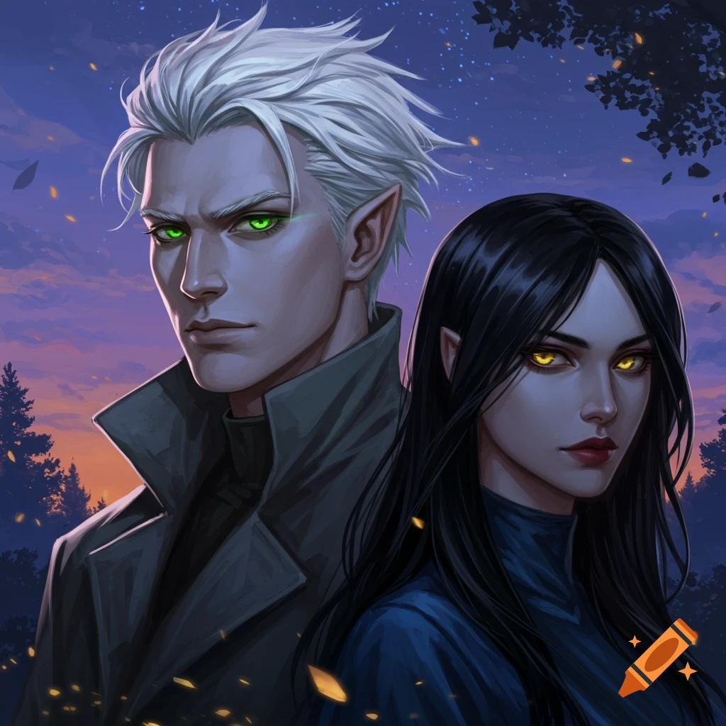 A digital painting of a white-haired man with green eyes and a black-haired woman with yellow eyes standing against a twilight forest.