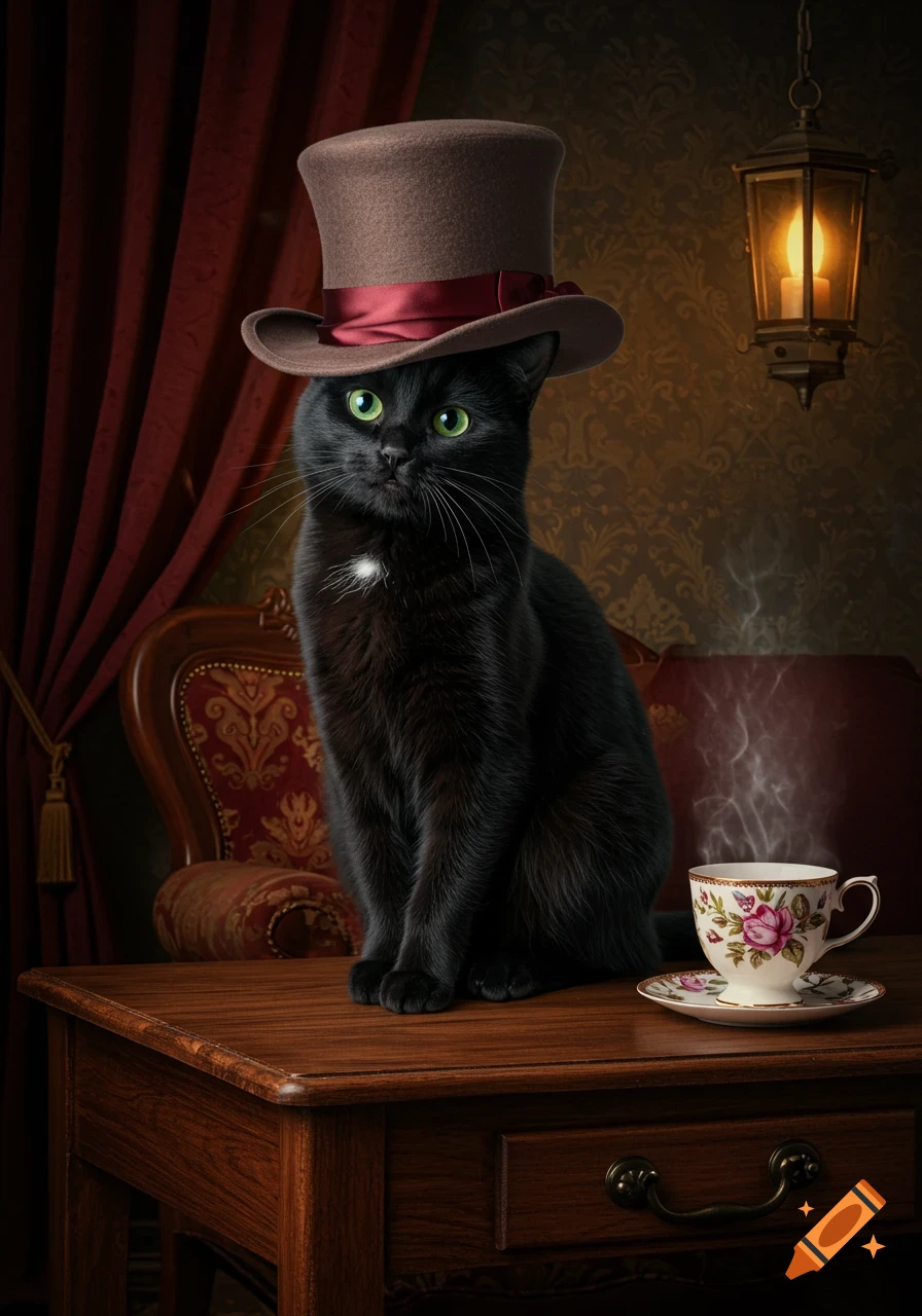 A photorealistic image of a black cat wearing a brown top hat, sitting on a wooden table beside a floral teacup in a vintage room.