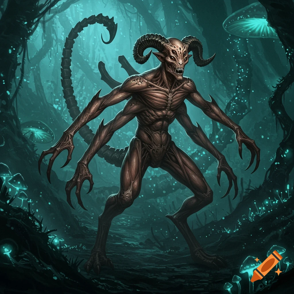 A monstrous, horned creature with four arms, a xenomorph-like head, four eyes, claws, and a scorpion tail stands in a dark, bioluminescent mushroom forest.