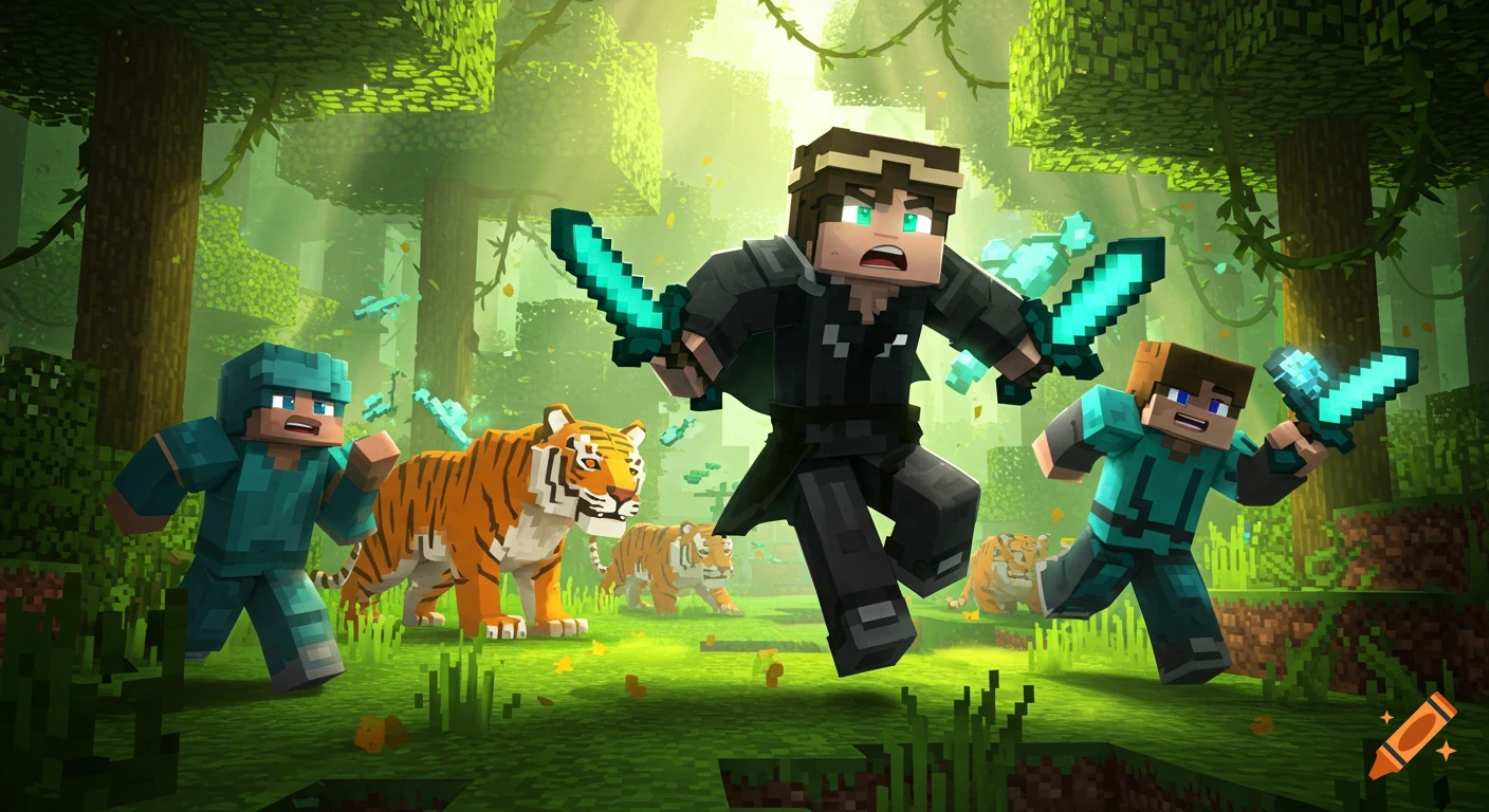 Two Minecraft players with diamond swords running from tigers through a sunny, blocky jungle environment.