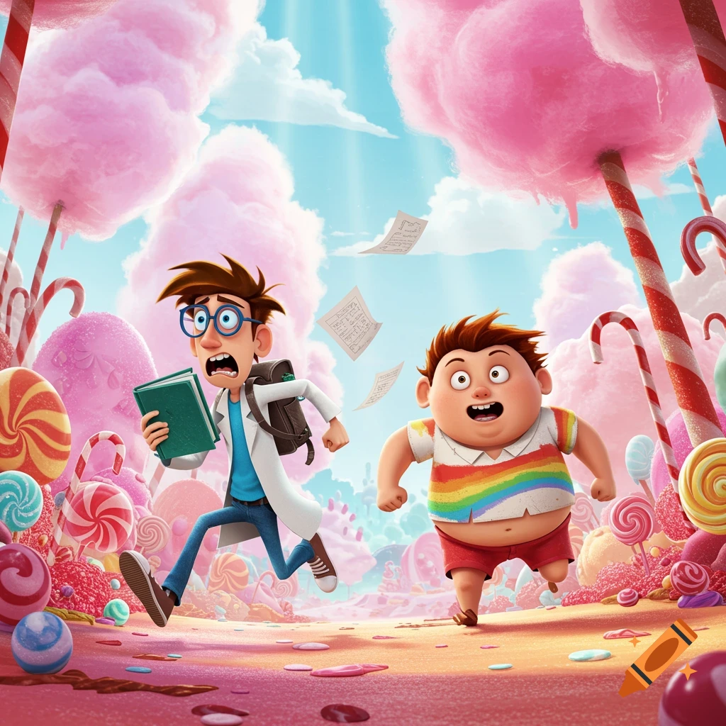 An animated scientist character and a chubby boy run through a vibrant candy land with giant lollipops and cotton candy trees.