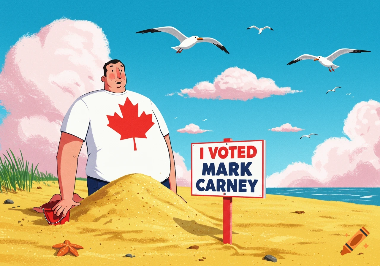 Cartoon drawing of a man with a Canadian maple leaf shirt with his head in the sand on a sunny beach, next to an election sign reading 'I Voted Mark Carney'.