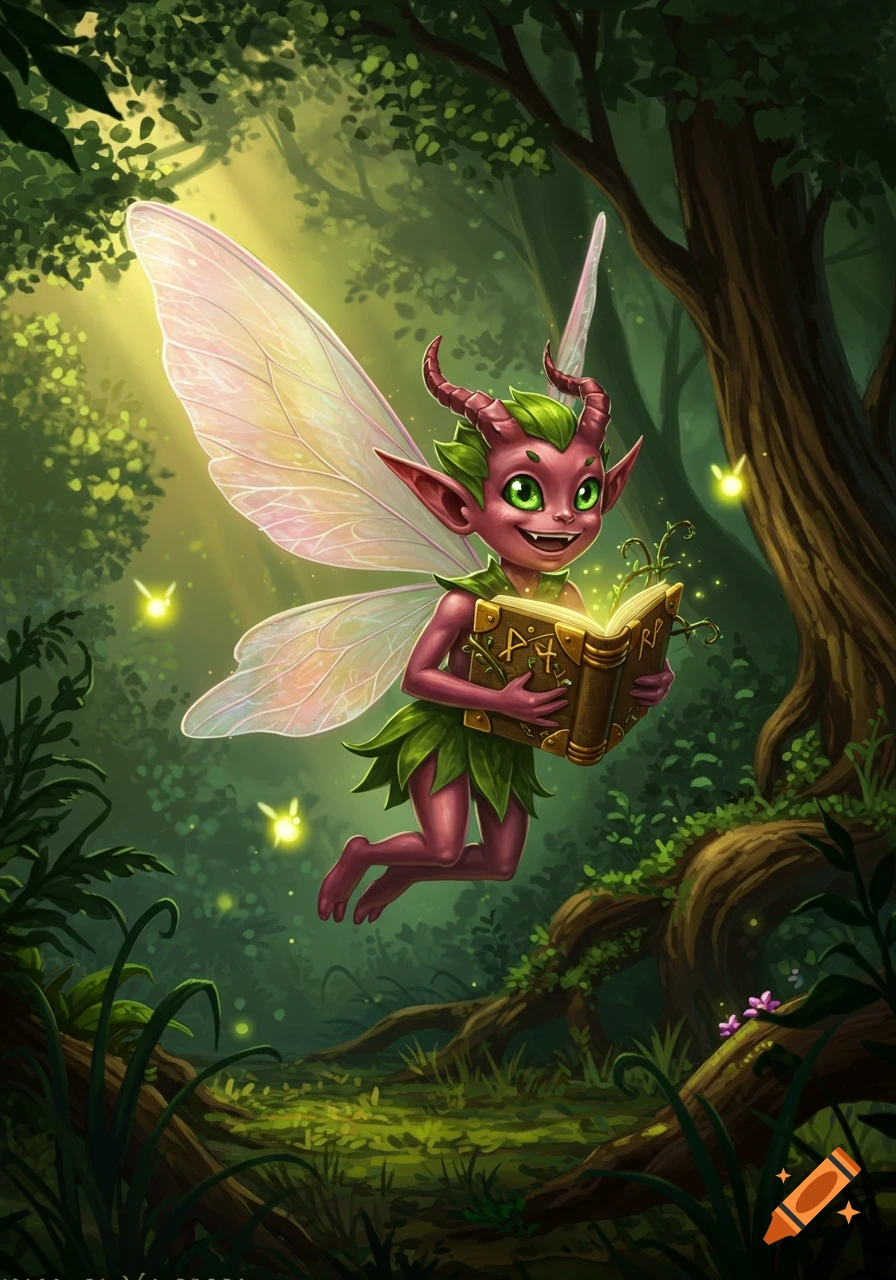 A cute pink fairy imp with green hair, small horns, and glowing wings flies in a magical forest, holding an open, glowing ancient book.