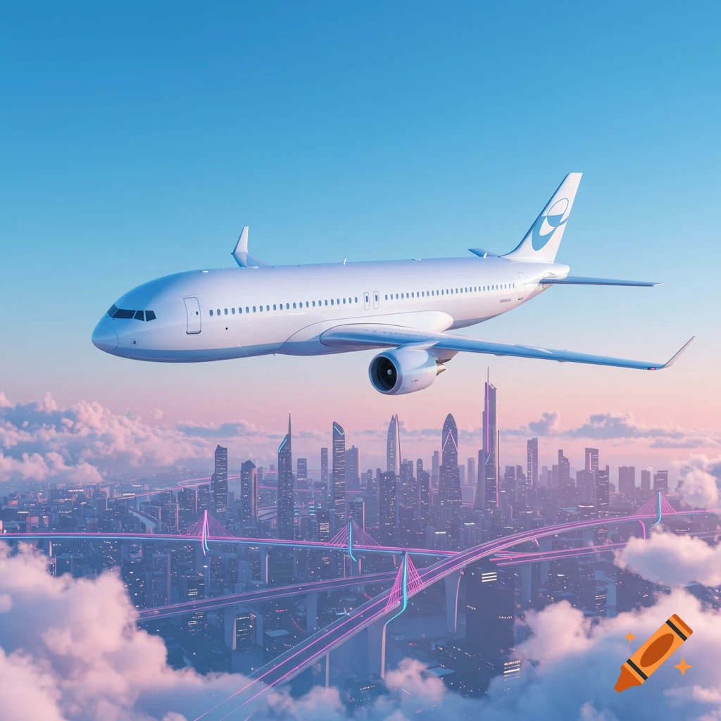A sleek white passenger airplane flies over a vibrant futuristic city with glowing neon bridges under a blue and pink sky.