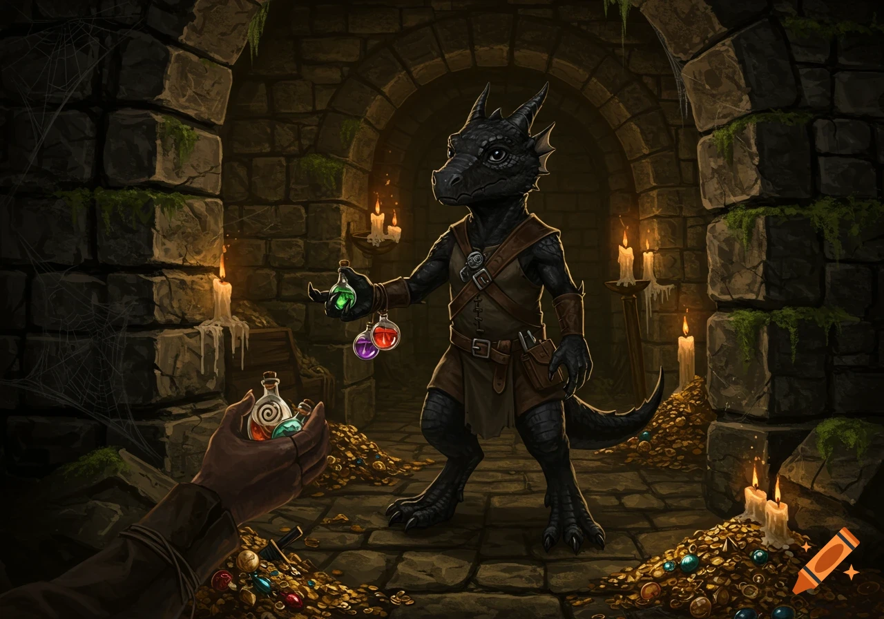 A black-scaled kobold in a dimly lit dungeon offers colorful potions to a human hand, surrounded by piles of gold.