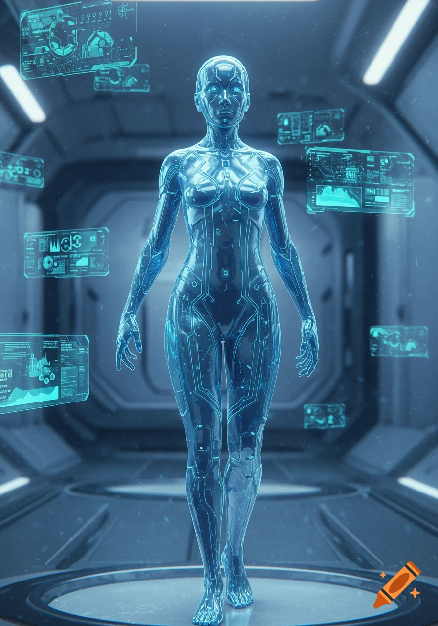 Translucent blue glowing AI humanoid with glowing circuit lines in a futuristic chamber surrounded by holographic screens, digital art.