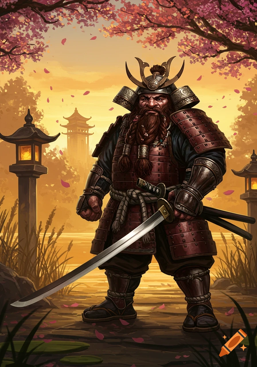 An illustrated dwarf samurai in red armor holds a katana in a Japanese garden with cherry blossoms and a pagoda at sunset.