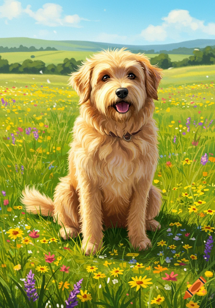 A golden-brown shaggy dog sits in a vibrant meadow filled with yellow and purple wildflowers under a bright blue sky.