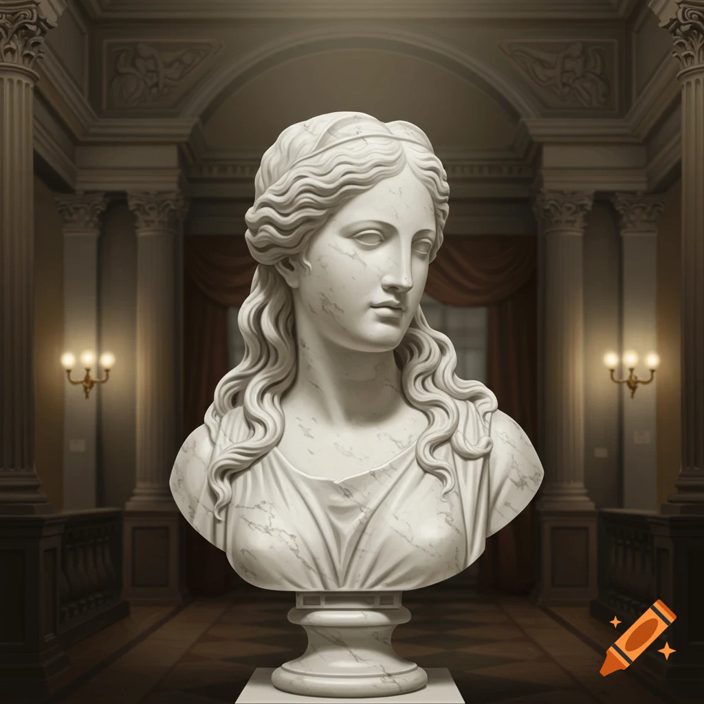 White marble bust of a classical woman with long wavy hair in a museum gallery.