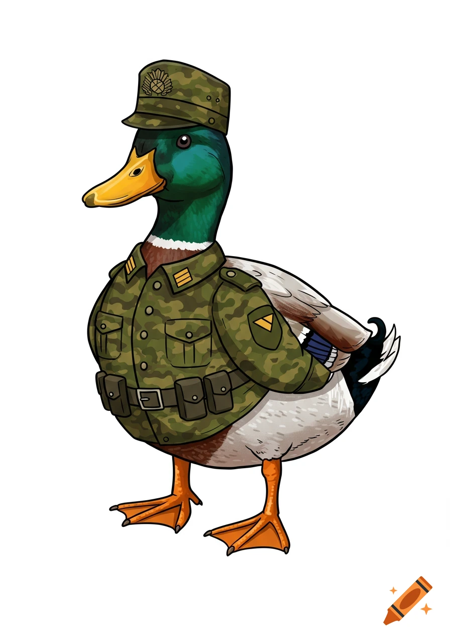 A highly detailed vector cartoon of a mallard duck wearing a camouflage military uniform and cap on a white background.