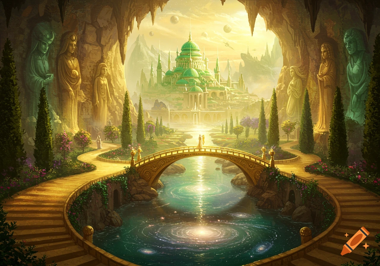 A vibrant fantasy landscape featuring a grand emerald palace, a golden bridge over cosmic waters, and ancient statues within misty caves.