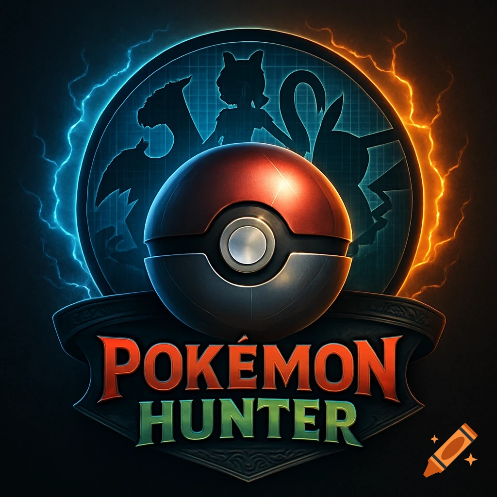 Stylized Pokémon Hunter logo with a Poké Ball, blue and orange lightning, and silhouettes of Charizard, Mewtwo, and Pikachu.