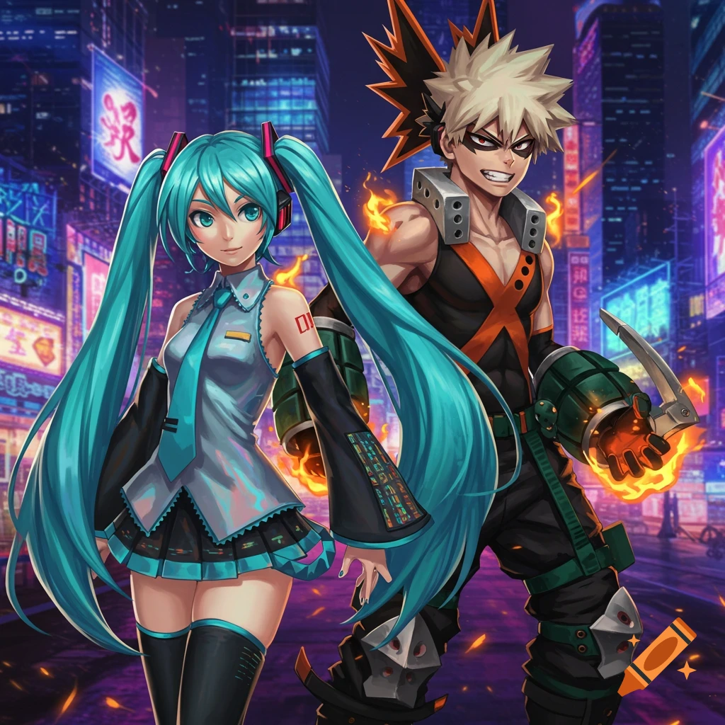 Anime style illustration of Hatsune Miku and Bakugo from My Hero Academia standing in a neon-lit city at night.