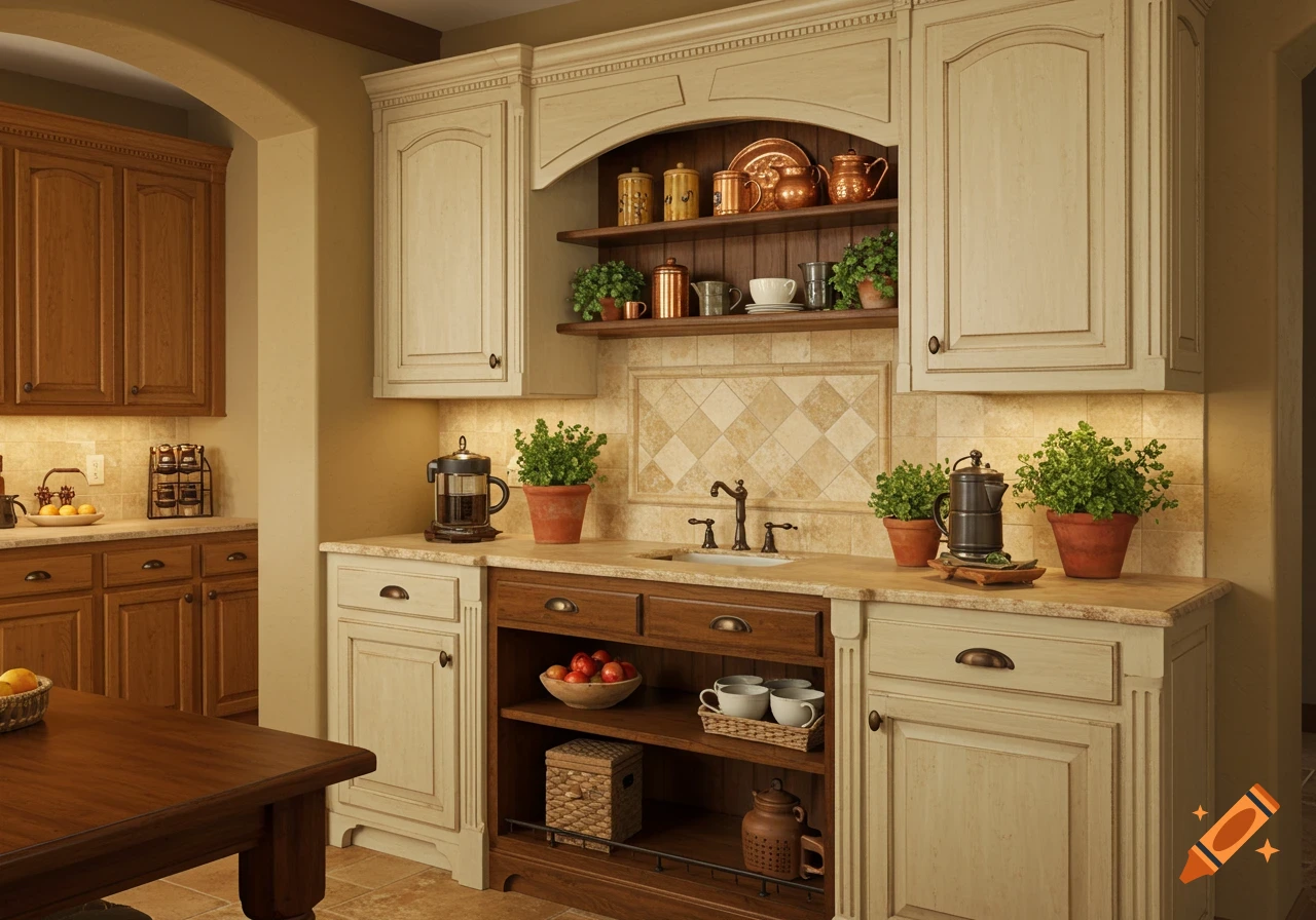 Tuscan kitchen coffee bar with antiqued cream and honey oak cabinets, travertine backsplash, potted plants, and copper accents.