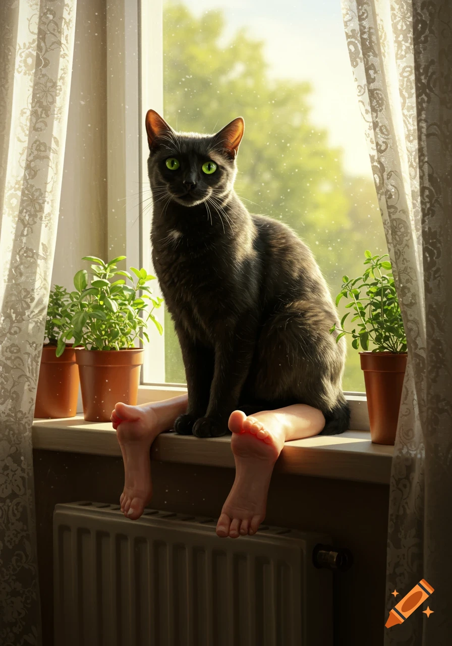 Photorealistic black cat with glowing green eyes sitting on a sunny windowsill, with human feet dangling over a radiator, next to potted plants.