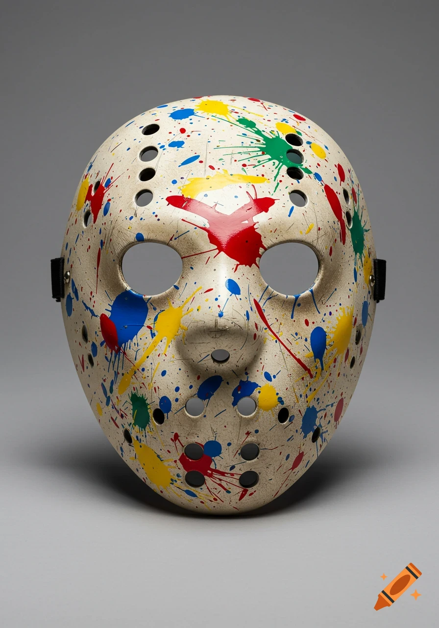 A photorealistic white hockey mask, weathered and covered in vibrant red, blue, yellow, and green paint splatters, on a gray background.