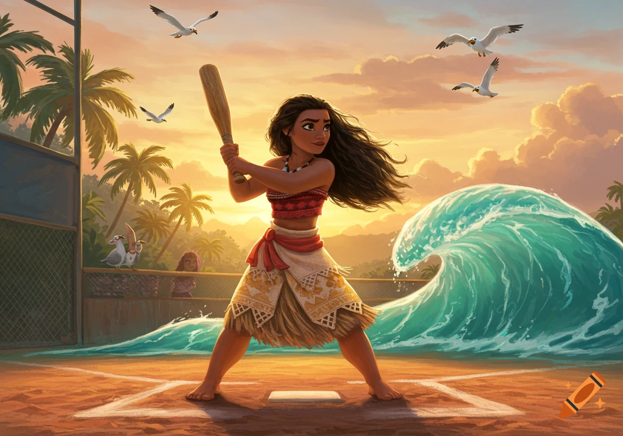 Moana stands barefoot on a sandy baseball field holding a bat, with a large blue wave, palm trees, and seagulls behind her at sunset in an animated style.