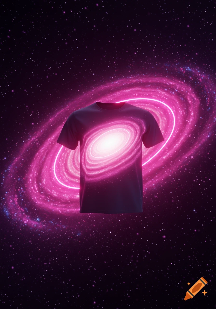 A dark t-shirt floats in the center of a vibrant pink and purple spiral galaxy filled with sparkling stars.