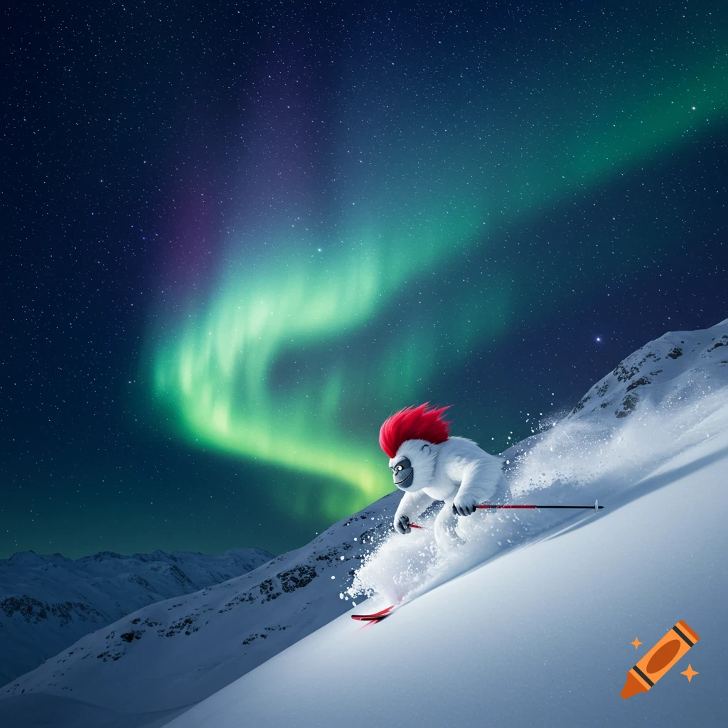 An illustrated yeti with a red mohawk skis down a snowy mountain at night, under a vibrant green aurora borealis and starry sky.