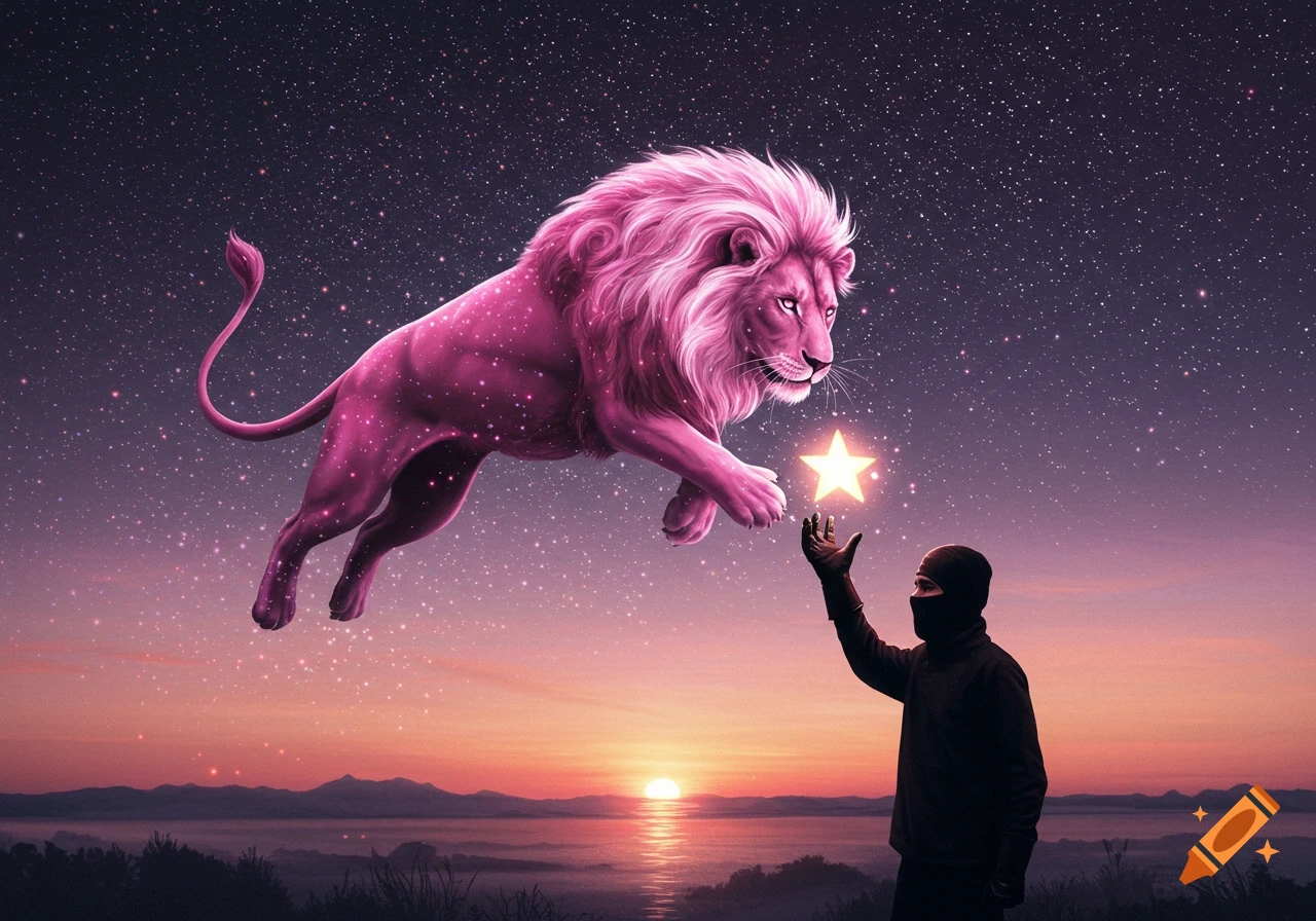 A pink, starlit lion leaps towards a glowing star above a person in a balaclava, against a cosmic sunset backdrop.