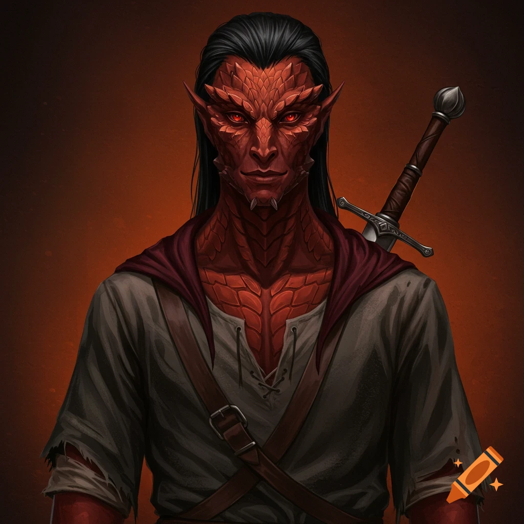A dark fantasy portrait of a red-scaled, dark-haired man with glowing red eyes, wearing a grey shirt and maroon cloak, a sword visible over his shoulder. He has subtle fangs and pointed ears.