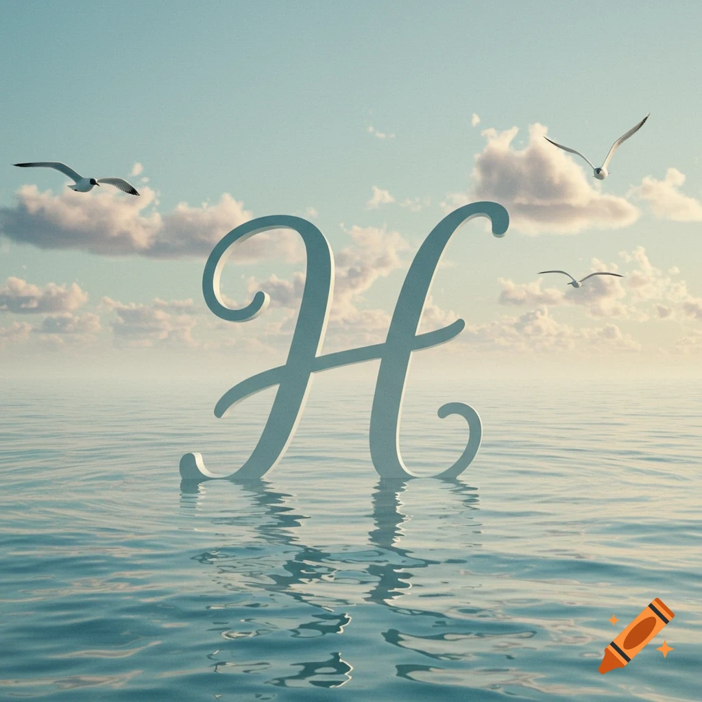 A large, elegant letter H stands in calm blue ocean water under a cloudy sky with flying seagulls.