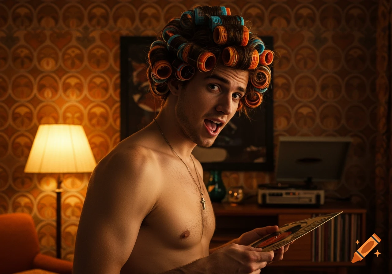 A shirtless young man with hair curlers smiles, holding a vinyl record in a retro-styled room.