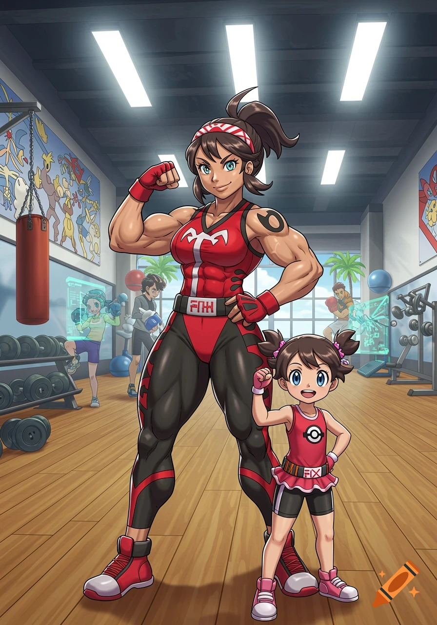 Anime style of a muscular Pokémon gym leader flexing, with her young daughter, in a bustling gym.