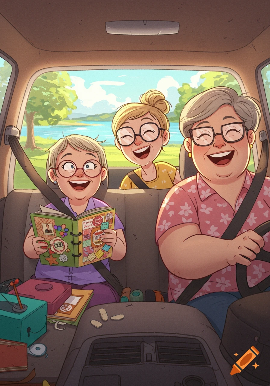 Cartoon of three smiling women on a road trip, one driving, one scrapbooking in the back seat, with a lake outside.
