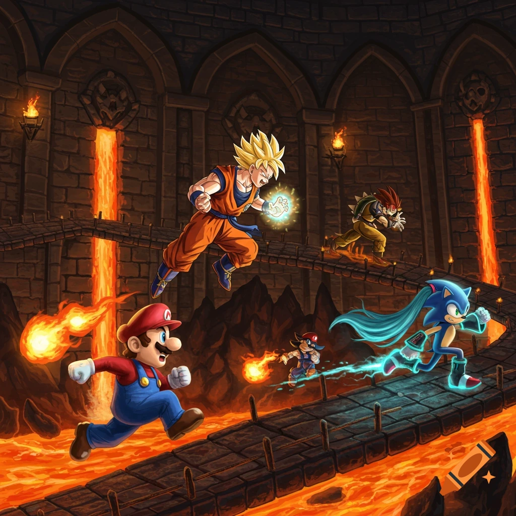 Mario, Goku, Sonic, and Hatsune Miku run and fly through a vibrant, lava-filled castle level.