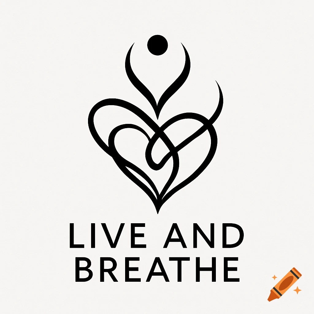 A minimalist black and white logo featuring abstract flowing lines forming a heart-like shape with a figure above it, and the text "LIVE AND BREATHE" below.