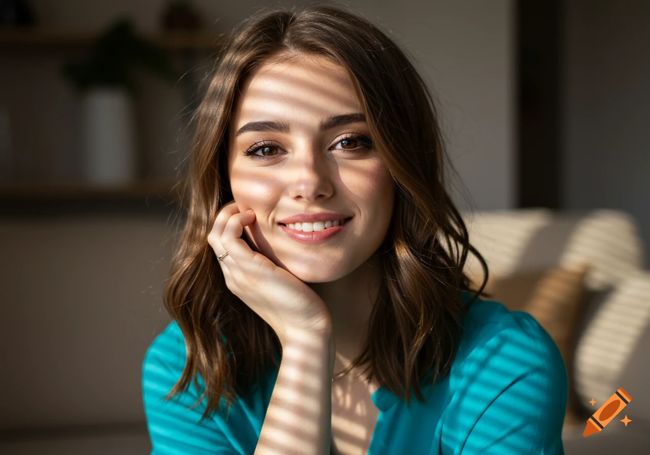A smiling woman with brown hair in a teal top, bathed in sunlight streaming through blinds, creating striped shadows.