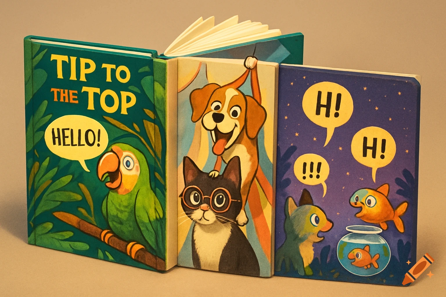 Three vibrant cartoon children's books featuring talking animals: a parrot with 'TIP TO THE TOP', a dog and a cat, and a fox-like animal with fish.