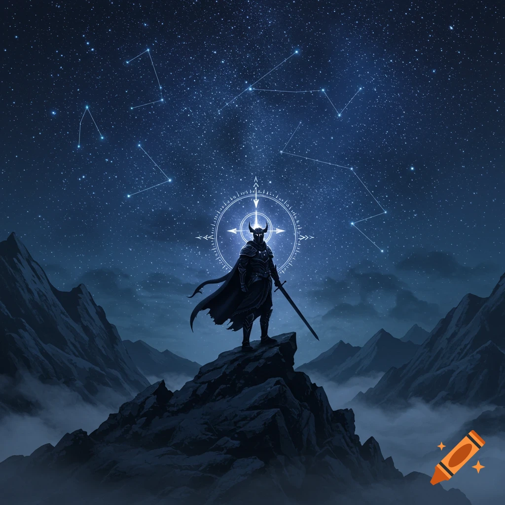 A dark armored warrior with horns stands on a rocky mountain peak under a starry night sky with constellations and a glowing magical compass symbol.