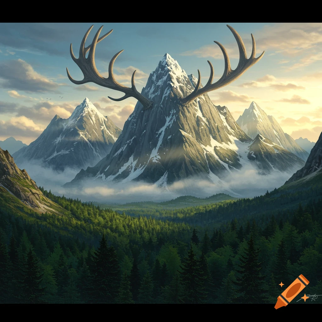 A majestic snow-capped mountain range, with the central peak resembling a deer's antlers, surrounded by dense pine forests under a cloudy sky.