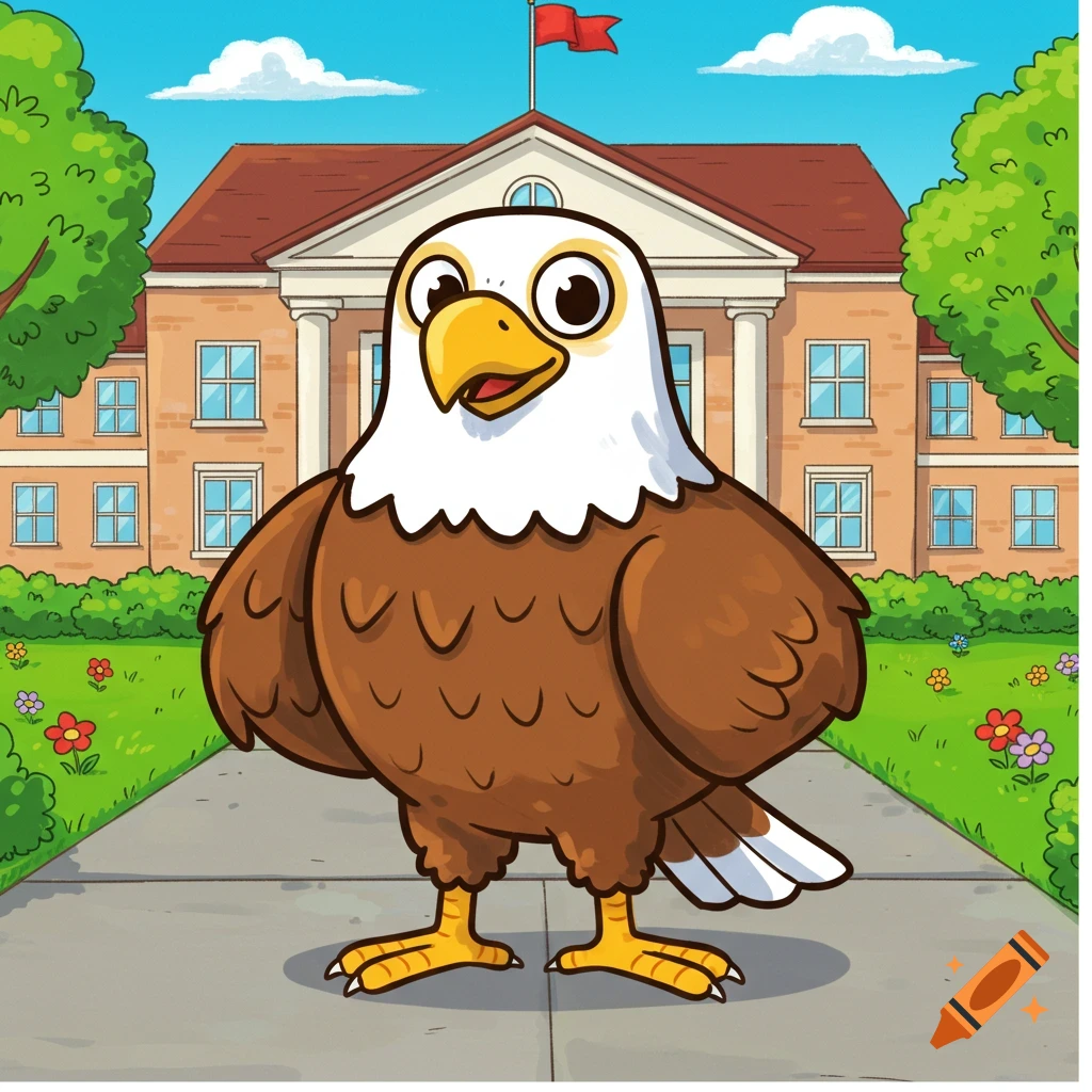 A happy cartoon eagle stands on a sidewalk in front of a school building with a red flag.