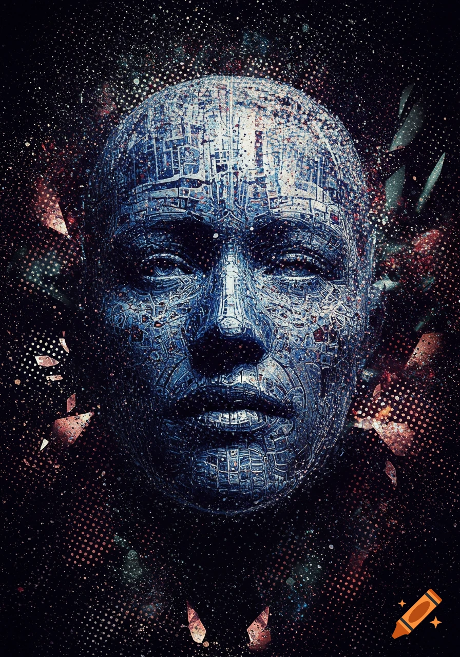 Abstract digital art of a metallic human face covered in circuit-like patterns, against a dark, starry, pointillist background.