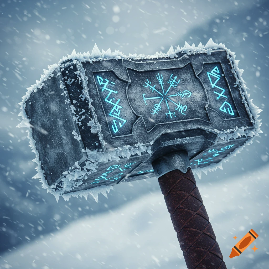 A close-up of a frosty war hammer with glowing blue runes and a braided leather handle, set against a snowy, blurred background.