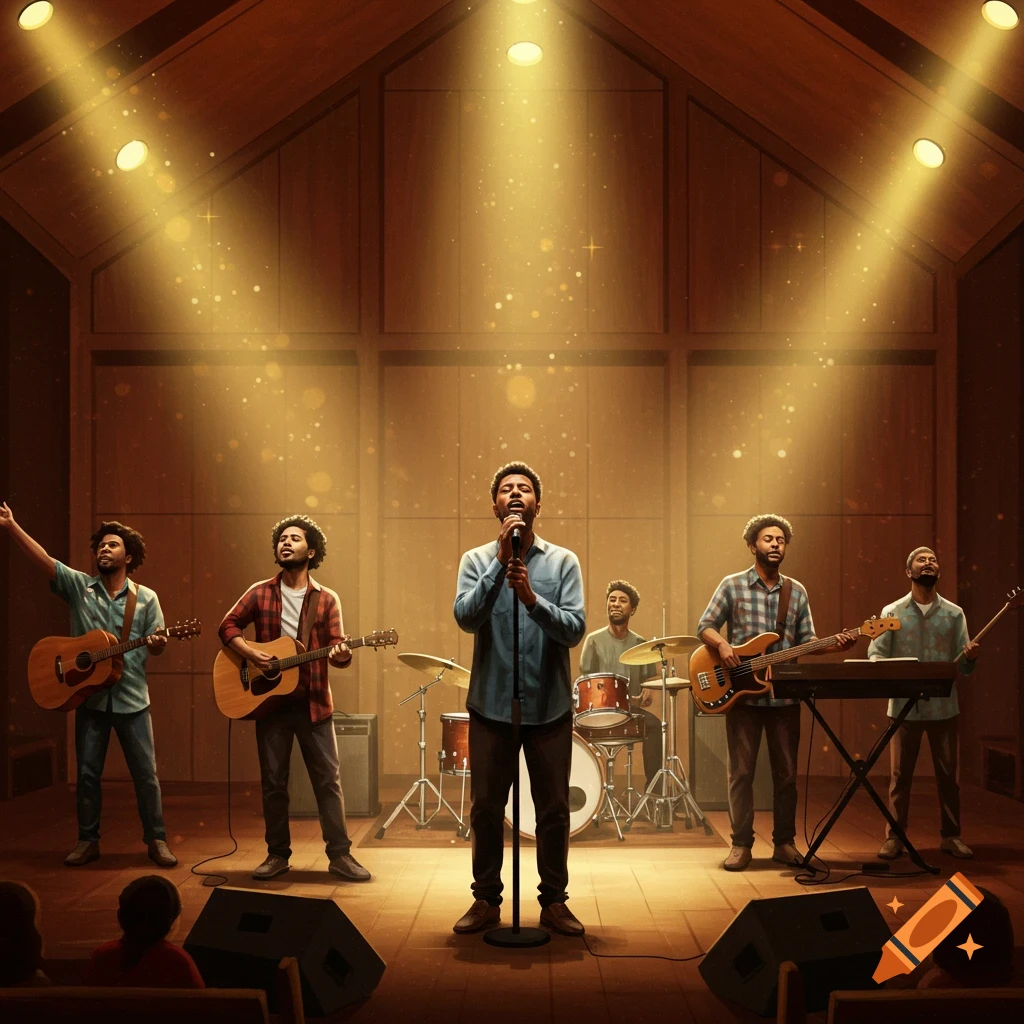 A contemporary worship band performs on a lit stage in a wooden hall, with a singer at the microphone.