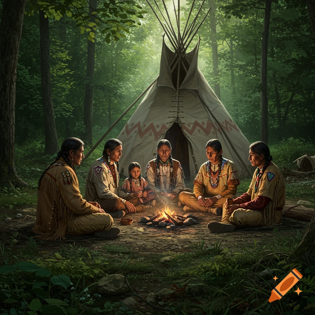 A Native American family gathered around a campfire in a lush forest, with a tepee in the background. Photorealistic style.