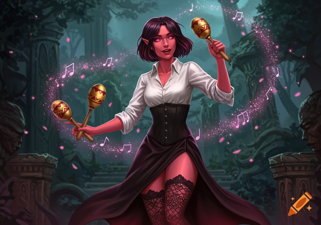 A red-skinned female elf in a white shirt, black corset, and high-slit dress plays maracas in a dark fantasy forest, surrounded by pink musical notes. Digital illustration.