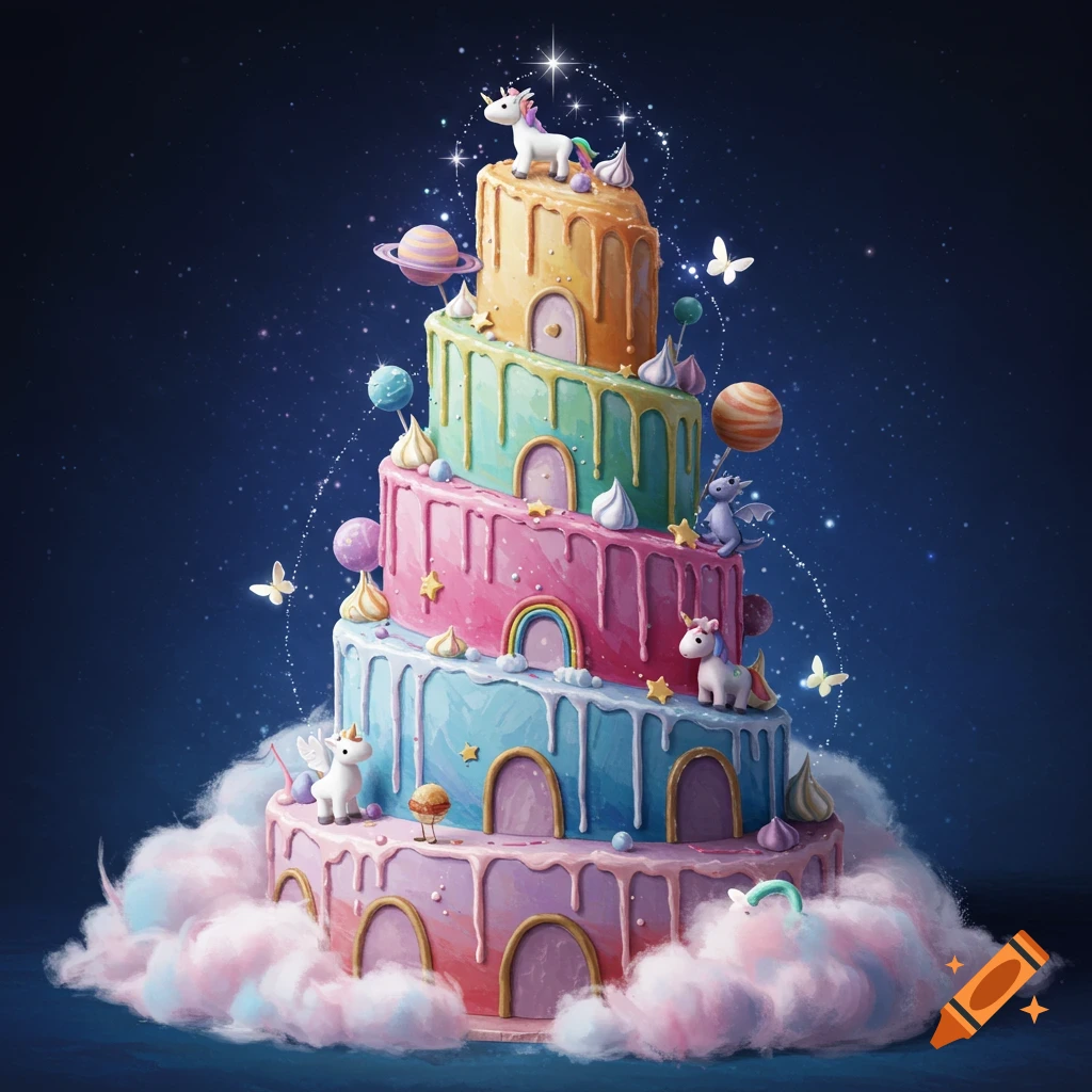 A whimsical, colorful, multi-tiered cake with unicorn, planet, and star decorations, sitting on clouds against a starry night sky.