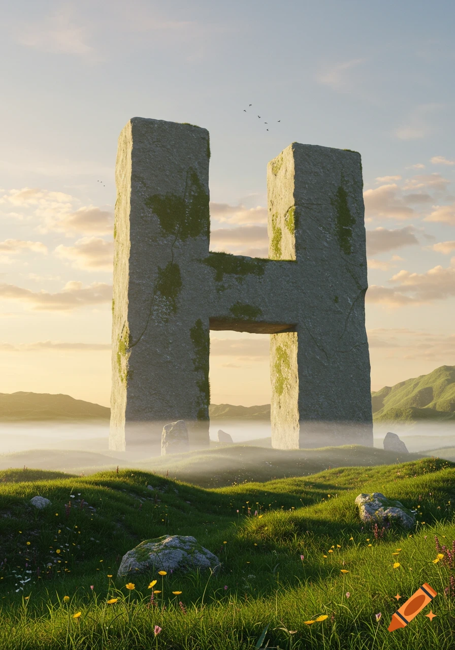 A gigantic moss-covered stone letter H stands in a misty, grassy landscape at sunset, with rolling hills in the background.