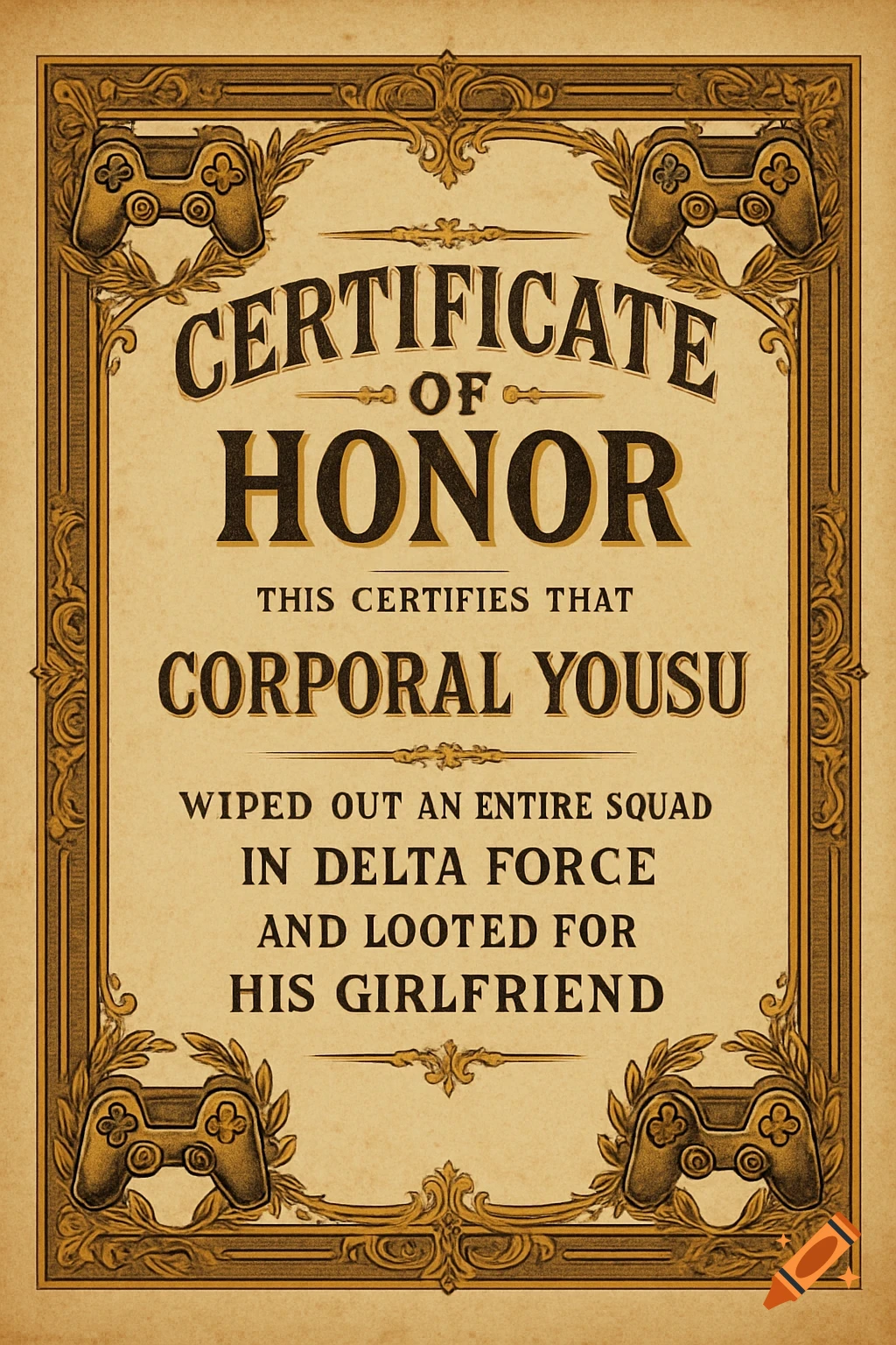 A vintage-style certificate of honor with an ornate golden border and gaming controllers in the corners. The text reads: "Certificate of Honor. This certifies that Corporal Yousu wiped out an entire squad in Delta Force and looted for his girlfriend."