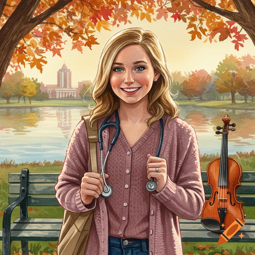 Watercolor illustration of a smiling woman in a park with autumn leaves, holding a stethoscope, with a violin on a bench nearby.